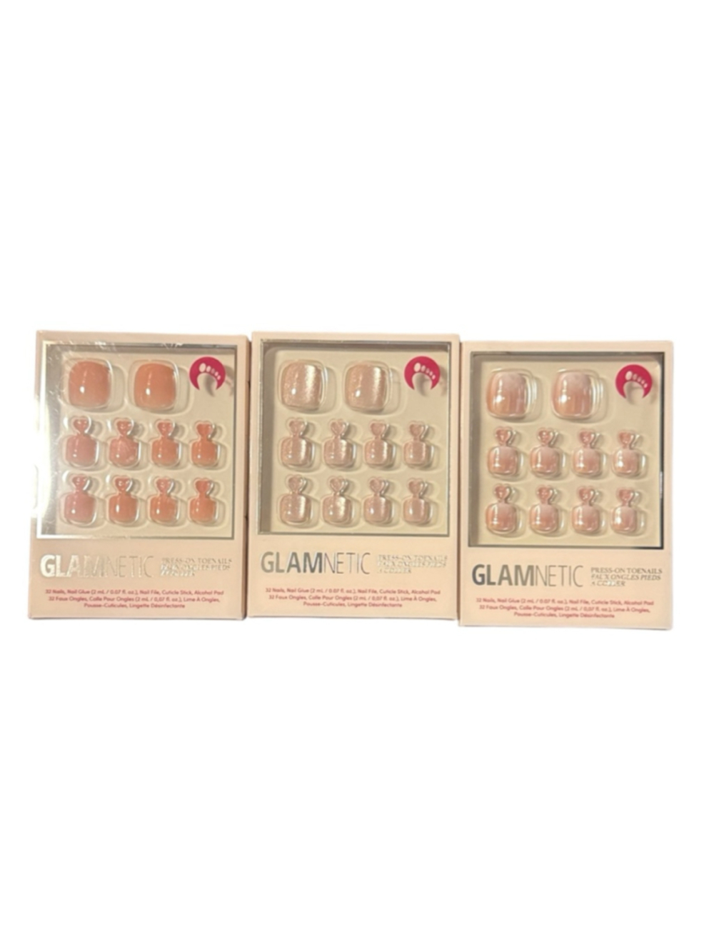 New Press-On Toenails Glamnetic, 3 sets, New in box, Shimmer, Nude,